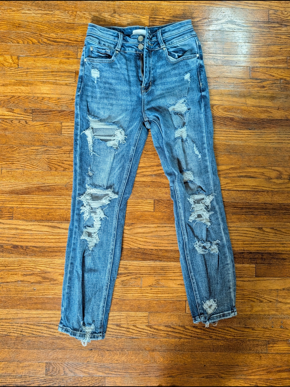 Distressed Straight Leg Jeans - Blue